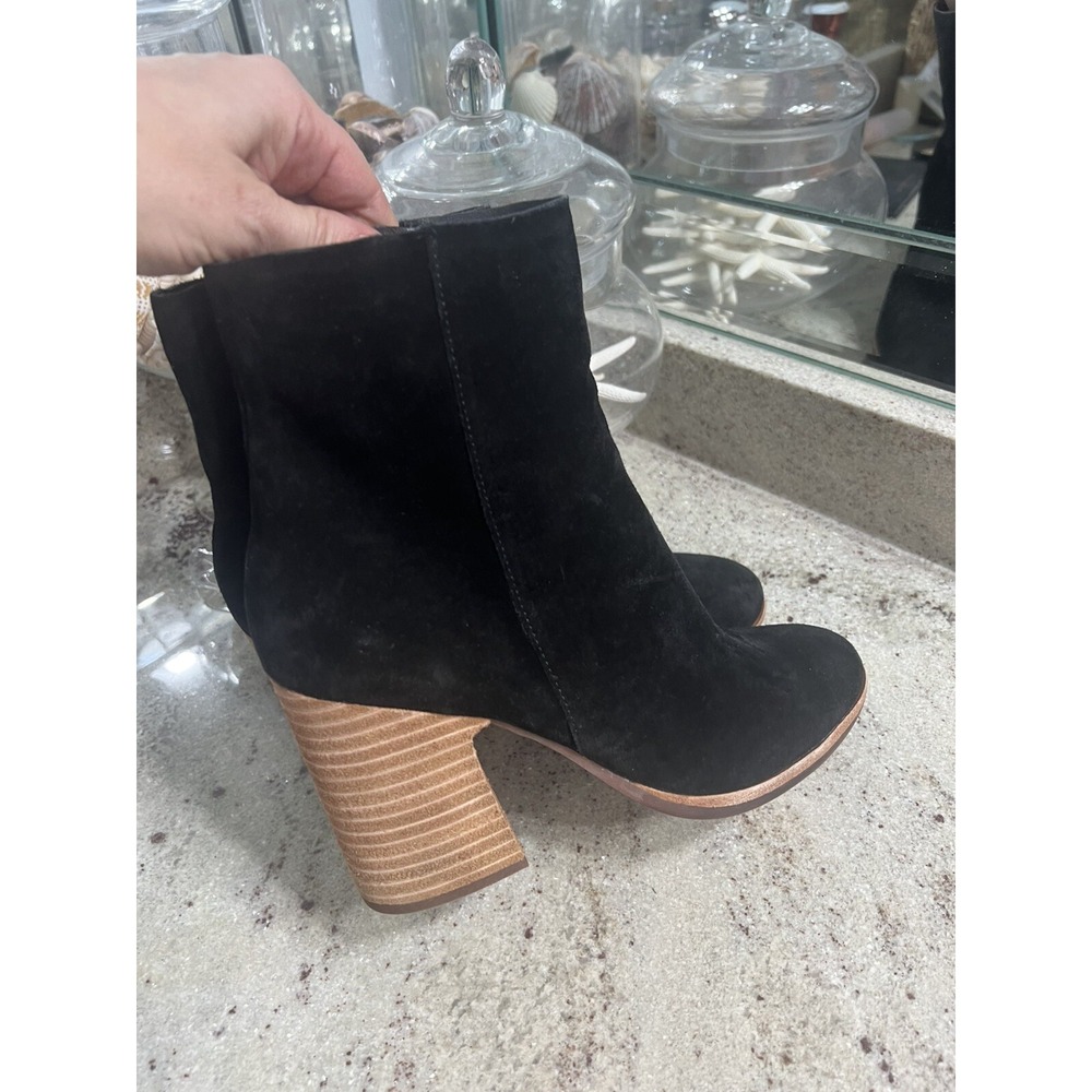 Kork-Ease Pilar Black Suede Ankle Booties Womens 7.5 M Wood Block Heel Zip Boot